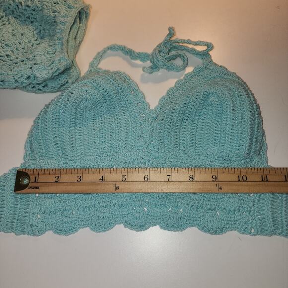 Crochet Set Shorts Halter Cardigan Womens S Teal Green Summer Beachy Tropical - Picture 9 of 12